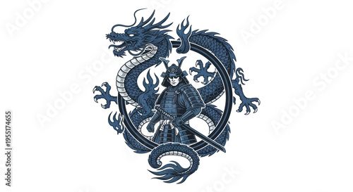 Samurai Warrior with Dragon Emblem - Japanese Warrior and Mythical Creature