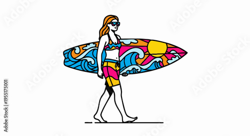 Female surfer in sunglasses walking with a colorful surfboard illustration.