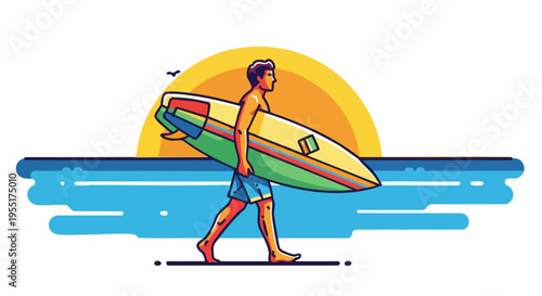 Surfer with Surfboard on Beach at Sunset Illustration.