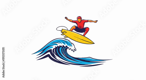 Surfer in Action on a Large Wave.