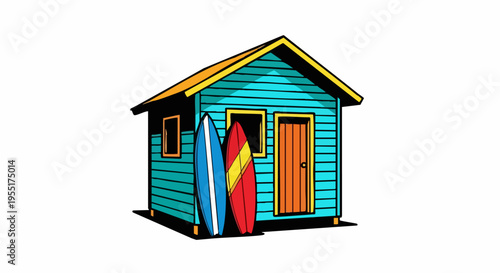 Colorful beach hut with surfboards summer vacation illustration.