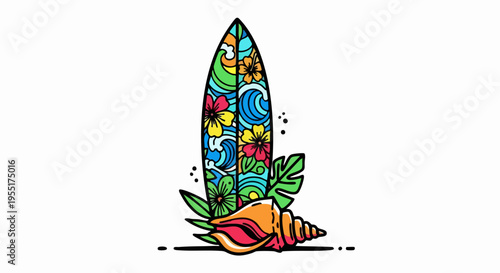 Colorful tropical surfboard with seashell and leaves summer vacation illustration.