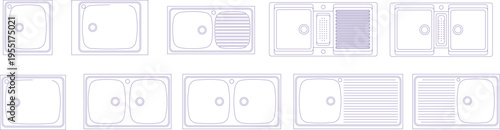 Technical architectural drawing showing various kitchen sink designs with single and double bowls, drainboards, and different configurations in plan view.