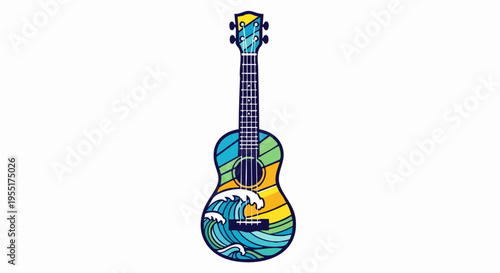 Colorful Ukulele with Ocean Wave Design.