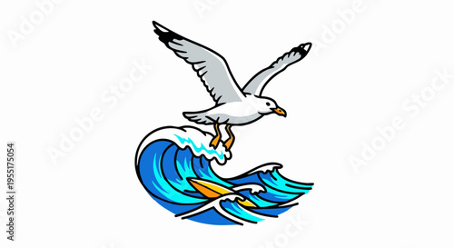 Seagull flying over a crashing ocean wave with a surfboard.