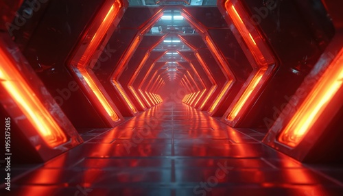 Futuristic red glowing tunnel with hexagonal structure and reflective floor. Abstract digital space with light effects and geometric pattern. Sci fi interior with modern design.