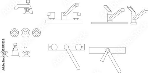Technical architectural drawing showing various faucet and tap designs with different handle configurations including cross handles and lever handles in elevation view.