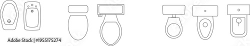 Technical architectural drawing showing various toilet, bidet and WC fixtures in different configurations including wall-mounted and floor-mounted types in plan view.