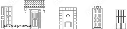 Technical architectural drawing showing various decorative entrance door designs with canopies, arched tops, circular windows and panel configurations in elevation view.
