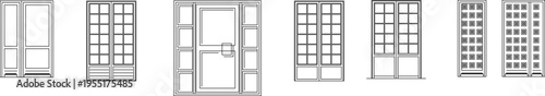 Technical architectural drawing showing various door and window designs with multiple pane configurations, grid patterns and glazing options in elevation view.