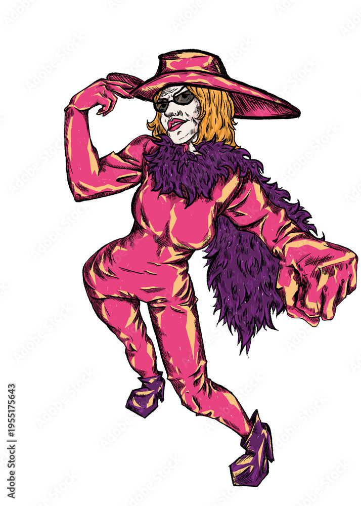 Fototapeta premium Bold surreal woman in pink bodysuit, furry scarf, and sunglasses art on transparent background