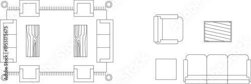 Technical interior design drawing showing living room furniture layout with sofas, tables and individual furniture pieces in top-down plan view.