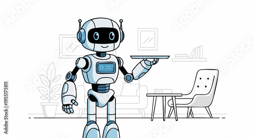Friendly robot waiter serving on a tray in a modern cafe setting.