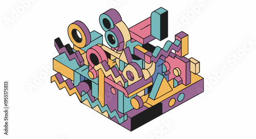 Abstract Geometric Sculpture with Vibrant Colors and Isometric View.