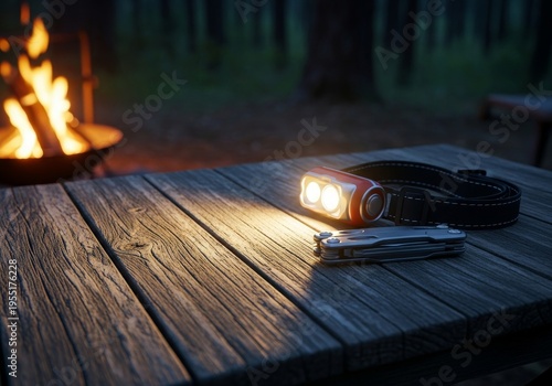 Essential camping gear: a headlamp and multi-tool illuminated by a cozy campfire glow on a rustic wooden table at a forest campsite, exploration, night, essential