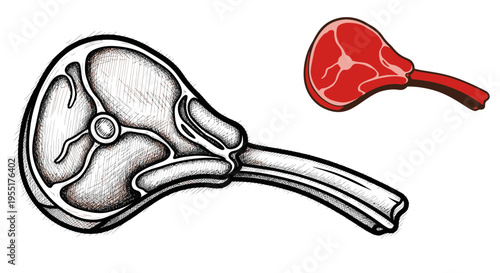 Raw Pork Chop and Rib Bone Isolated on White Background