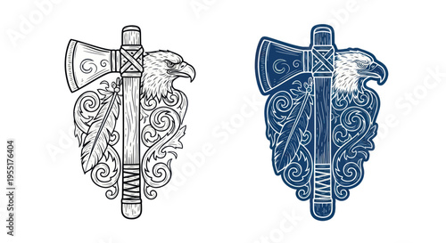 Native American Tomahawk Axe with Eagle Head and Feathers Emblem