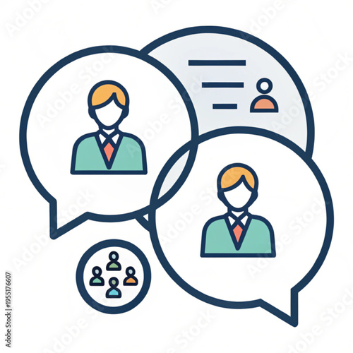 Illustration of diverse people engaging in virtual communication with speech bubbles