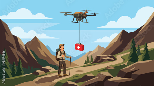 Man standing with drone delivering package.