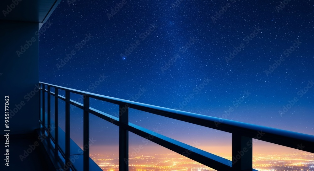 Naklejka premium A high-angle view of a balcony railing overlooking a deep blue night sky filled with glowing stars and distant urban lights at late hours, late, quiet, meditation