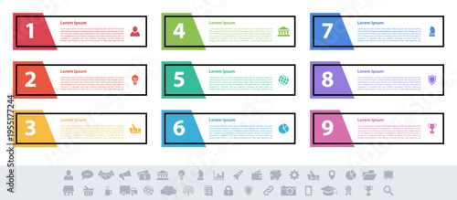 Infographic design business concept vector illustration with 9 steps or options or processes represent work flow or diagram or web button banner