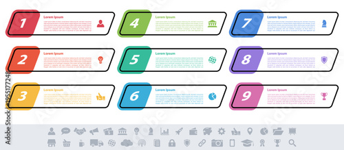 Infographic design business concept vector illustration with 9 steps or options or processes represent work flow or diagram or web button banner