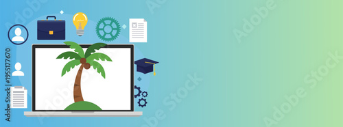 Digital nomad concept with laptop, palm tree, briefcase, graduation cap, and gears