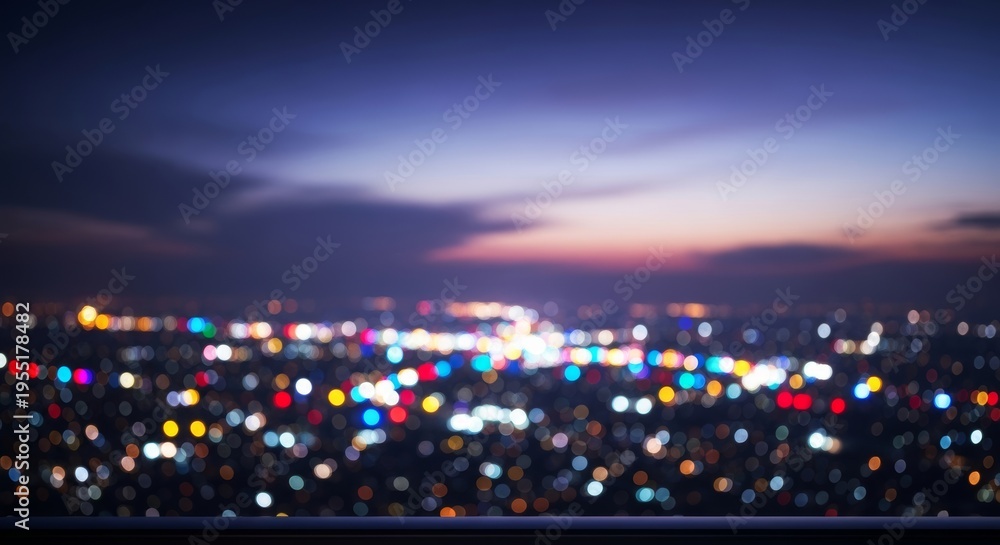 Naklejka premium View from a high balcony at night overlooking a vast urban landscape filled with glowing bokeh lights under a dark and moody evening sky, panorama, skyscrapers, high-rise