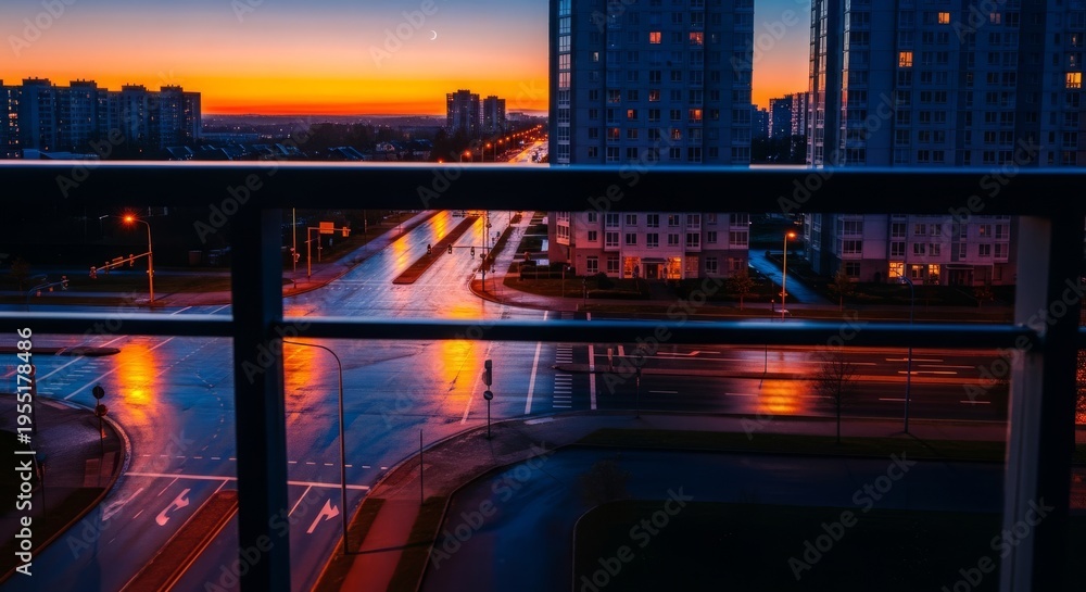 Naklejka premium View from a metal balcony railing looking down at an intersection of deserted asphalt roads between tall, quiet city apartment buildings, atmospheric, railing, landscape