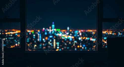 View from a dark office window overlooking a glowing city skyline at night, capturing the quiet mood of professional stress and exhaustion, silence, insomnia, glass