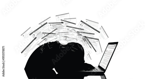 overwhelmed student with papers and laptop