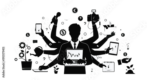 multitasking businessman with many arms working on computer