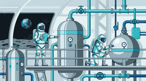 Astronauts working on space station equipment.