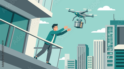 Man receiving food delivery from drone.