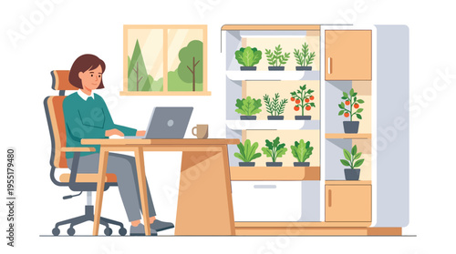 Woman sitting at desk with laptop.