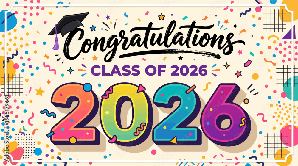 Fototapeta premium Colorful graduation celebration banner with vibrant confetti and playful design for Class of 2026 congratulations
