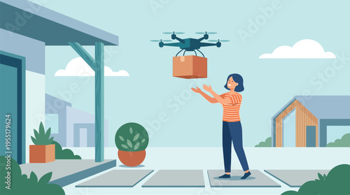 Woman receiving package from drone delivery.