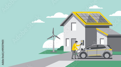 Man charging electric car at home.