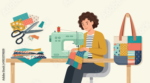 Woman sitting with sewing machine.