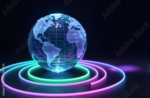 Glowing digital globe rests on vibrant neon rings symbolizing global
