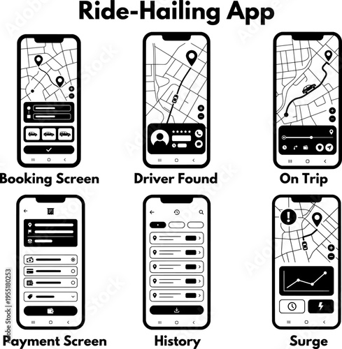 Ride Hailing Mobile App UI UX Wireframe Interface Design Vector Illustration
