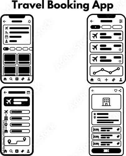 Travel Booking Mobile App UI UX Wireframe Interface Design Vector Illustration