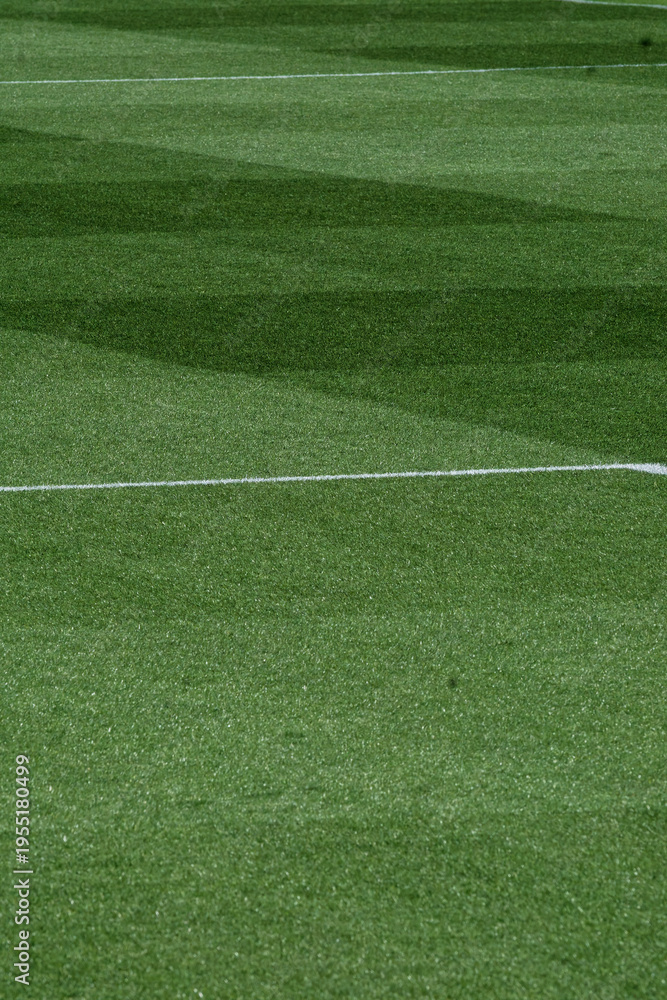 Obraz premium Well-Maintained Football Stadium Pitch with Striped Grass Under Clear Blue Sky