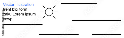 Graphic design, modern communication, website banners, creative projects, educational content, minimal art. Stylized sun icon with horizontal lines and placeholder text. Graphic design