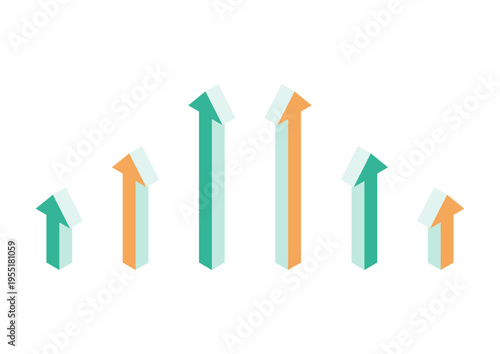 長さが異なる立体的な上向きの矢印のデザインセット（緑・オレンジ）
