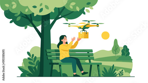 Woman sitting on park bench with drone.