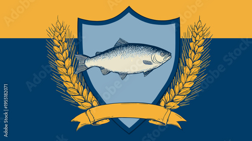 A heraldic emblem featuring a fish inside a shield, framed by wheat, and a banner at the bottom