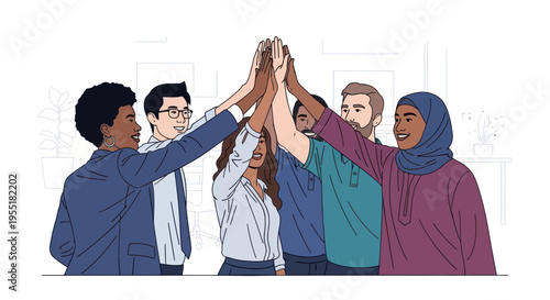 Diverse group of people high fiving.