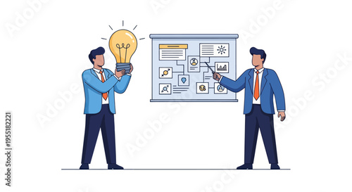 Two businessmen brainstorming with lightbulb.