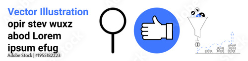Digital marketing, social media, customer loyalty, data conversion, sales funnel, online analytics. Magnifier, thumbs-up icon and funnel with coins and social icons. Digital marketing and social